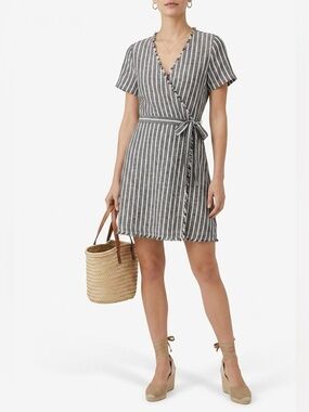 Susina $50 Striped Linen-Blend Frayed Faux-Wrap Dress S EUC coastal grandmother